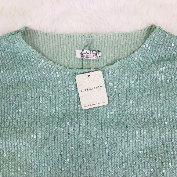 FREE PEOPLE Gold Rush Sequin Long Sleeve Top Tee Mint Green Medium Large New - Picture 7 of 11